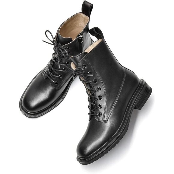 Women's Combat Boots Black Leather Side Zipper Booties For Women - Picture 5 of 6